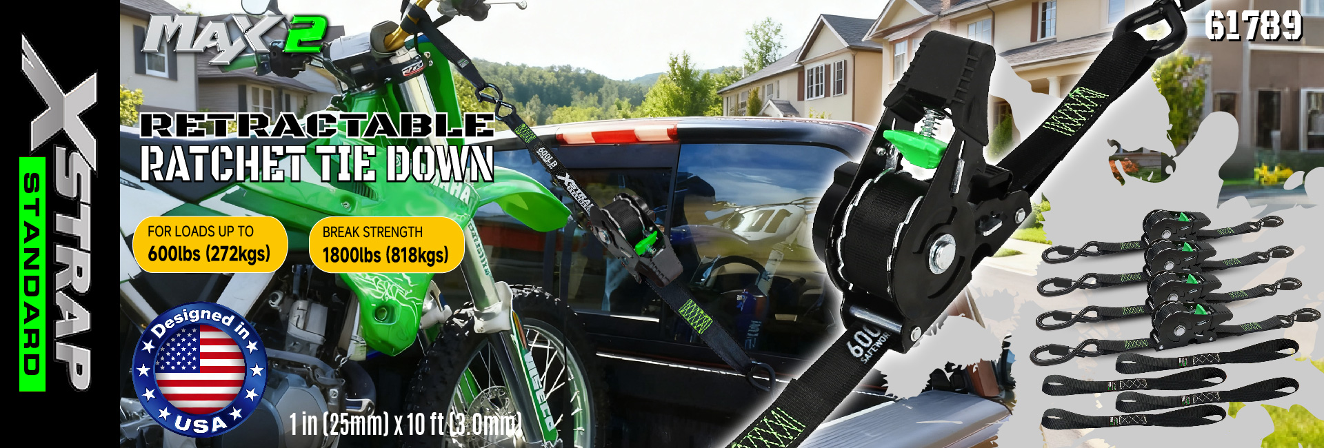 Xstrap 61789 Correias de amarração de catraca retrátil de 1 pol x 10 pés Amarrações seguras para motocicleta Jetski Kayak Resistência à ruptura 1.500LBS/680KG