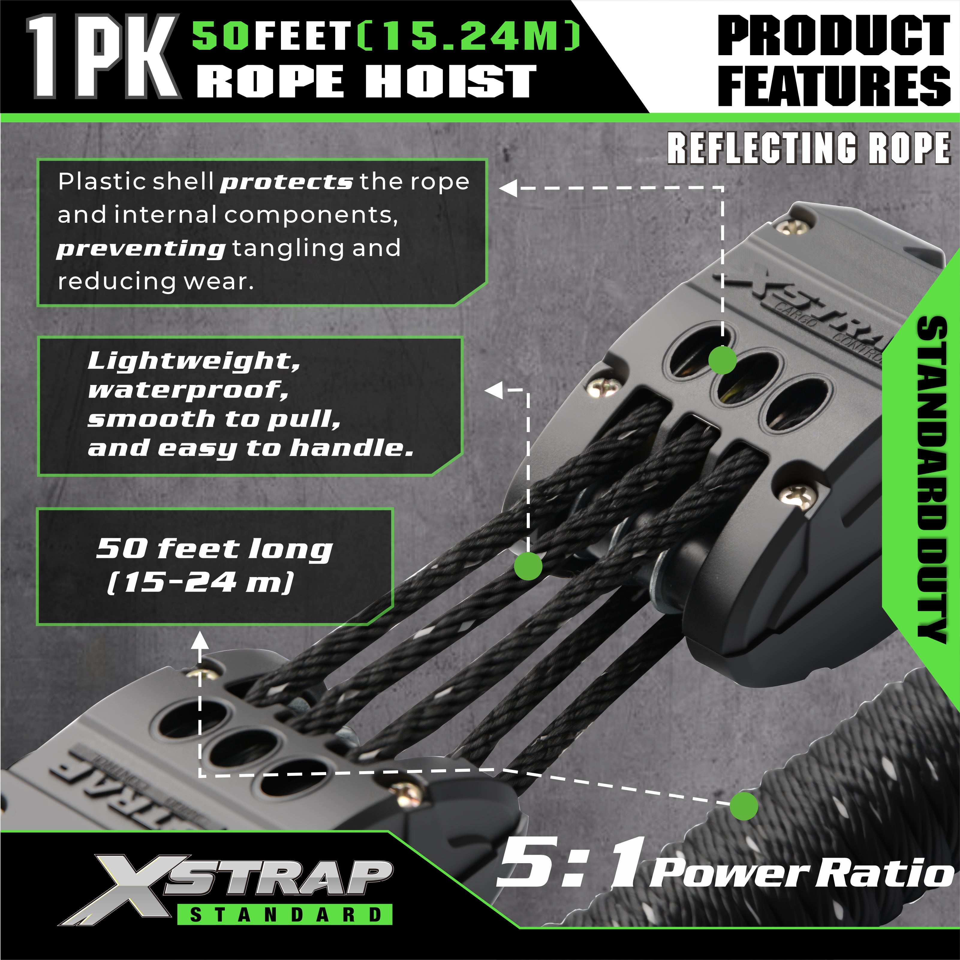 Sistema de polia de talha de corda preta reflexiva XSTRAP AHLT0003 1000LB