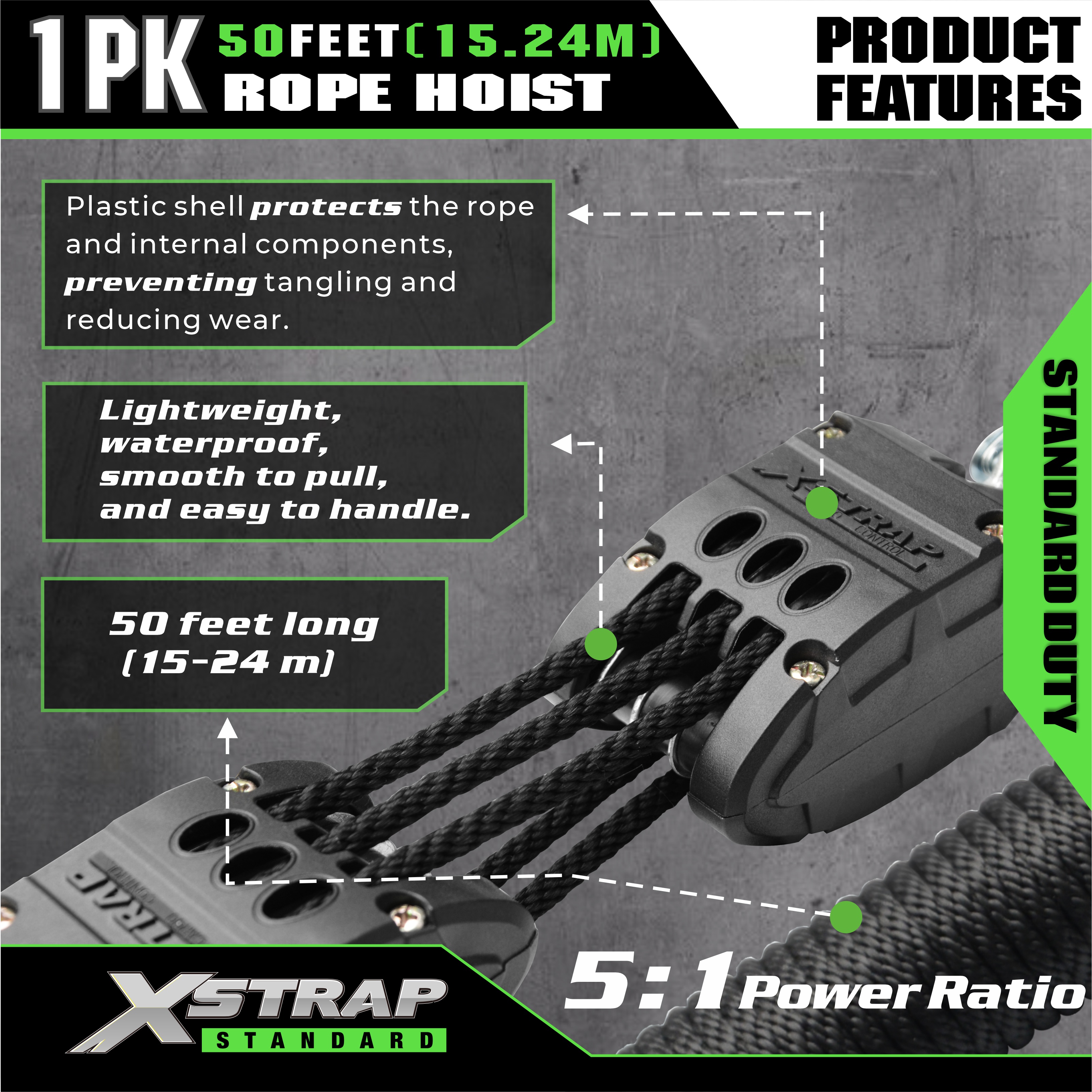 Sistema de polia de talha de corda preta XSTRAP AHLT0003 1000LB