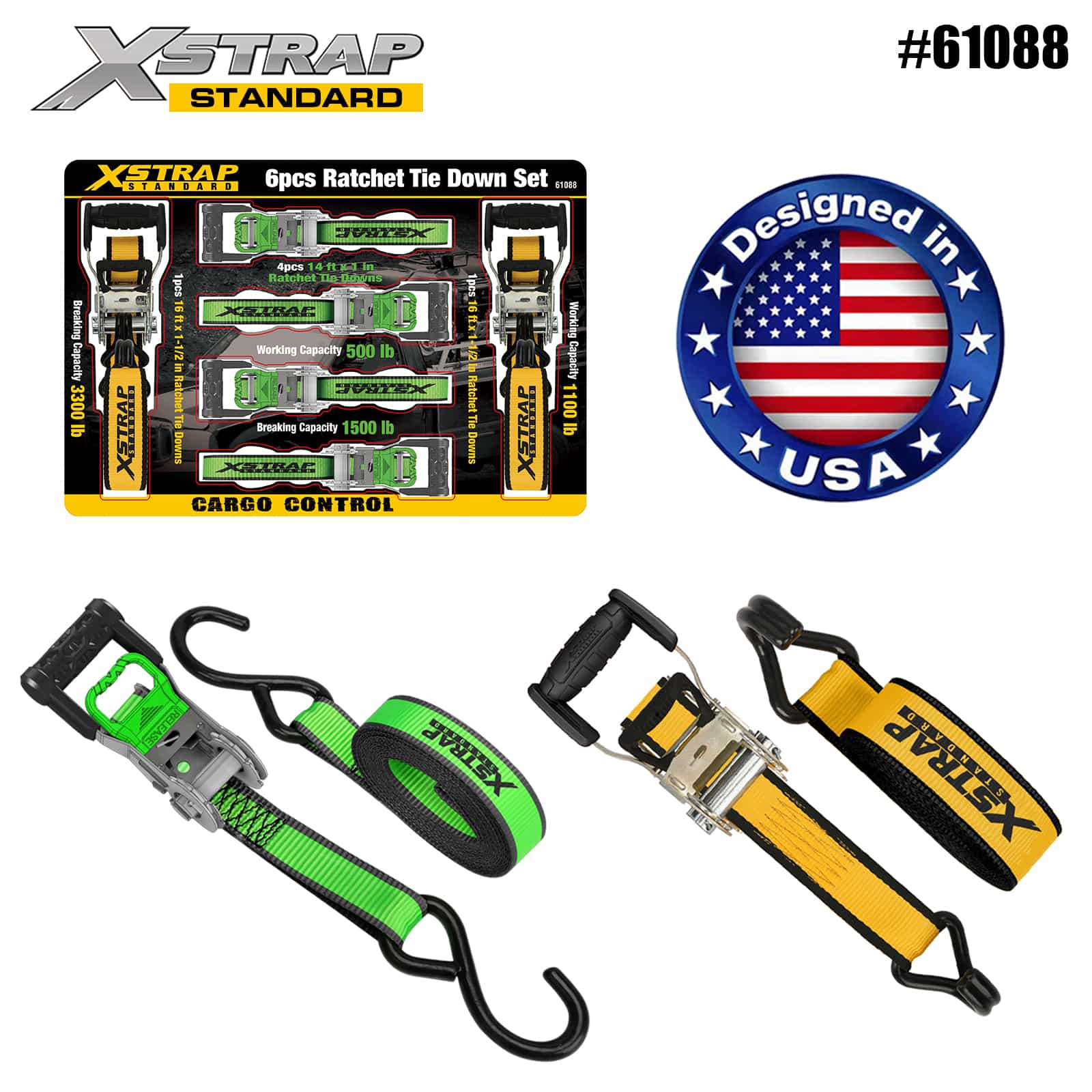 Xstrap 61088 1” x 14' 4PK D alça catraca com soft loop 500lb SWL e 1” x 16' 2PK extra-larga alça catraca amarração 1100lb SWL