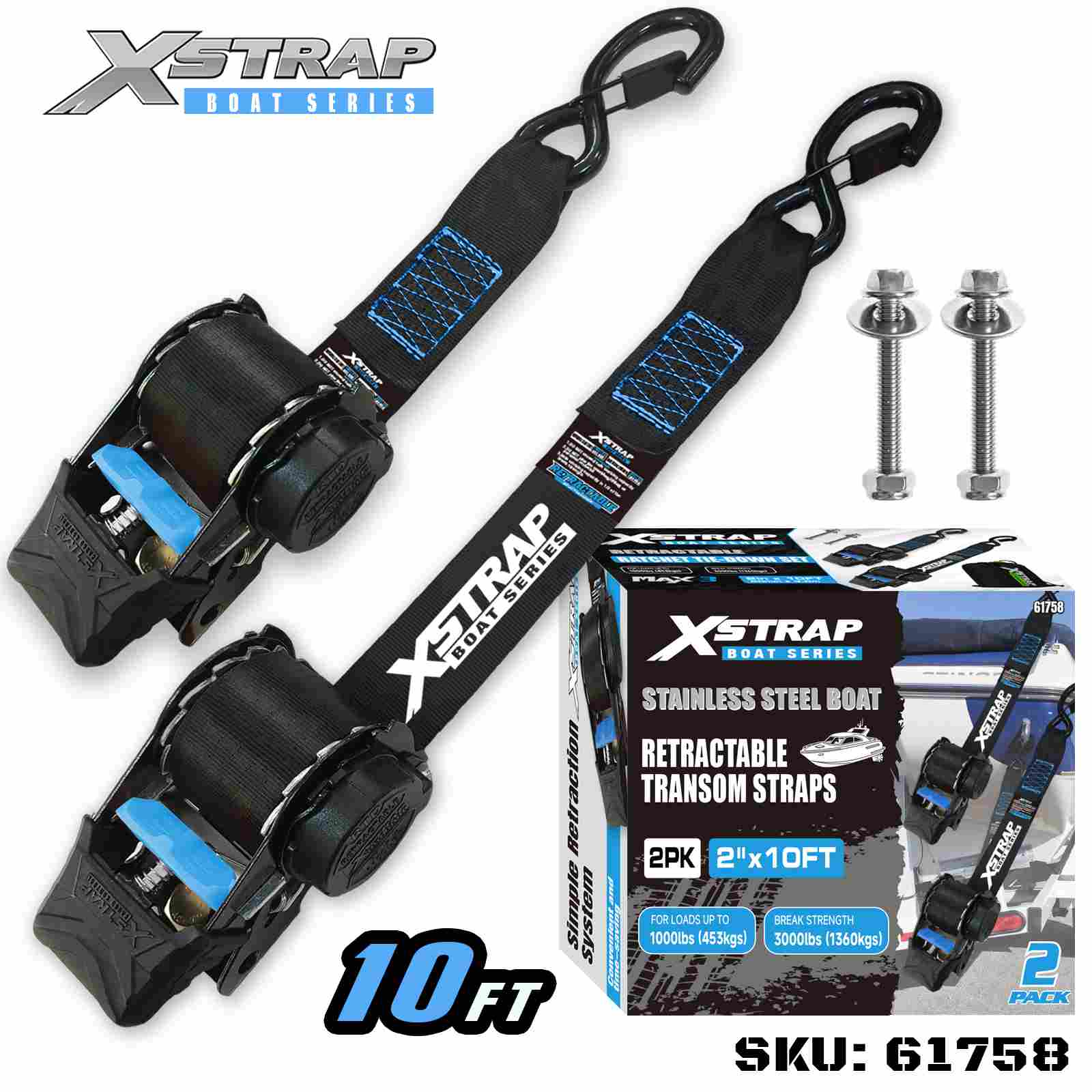 Xstrap 61758 2” x 3,6’ 2PK Correia de popa retrátil para barco com ganchos de segurança S 1000lb SWL