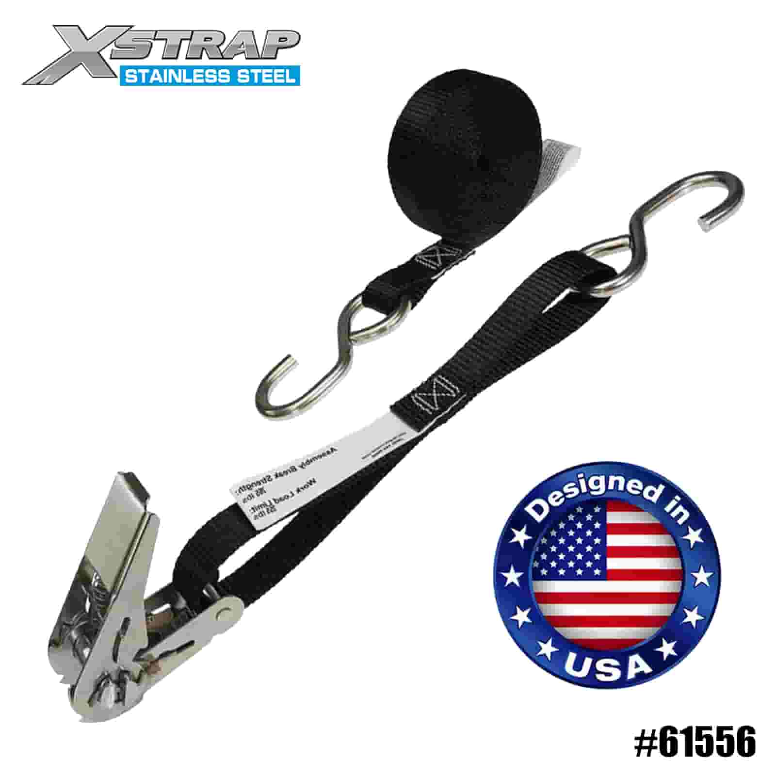 Xstrap 61556 1” x 10’ Correia de catraca de aço inoxidável preta com ganchos S 255lb SWL